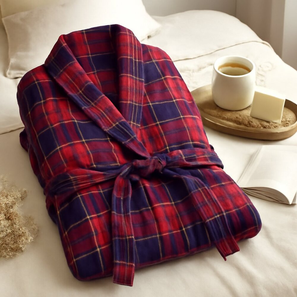✨ Luxe Plaid Perfection | Latuza 100% Cotton Red & Navy Lounge Robe